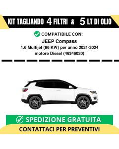 Tagliando per JEEP Compass 1.6 Multijet 96 kw Diesel 2021-2024 - 5 Lt di olio + 4 Filtri