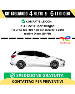 Tagliando per KIA Cee'D Sportswagon 1.6 CRDi 136 100 kw - 6 Lt di TOTAL + 4 Filtri anno 2015-2018