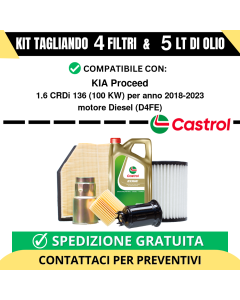 Tagliando per KIA Proceed 1.6 CRDi 136 100 kw Diesel 2018-2024 - 5 Lt di CASTROL + 4 Filtri