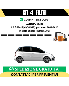 Kit 4 Filtri Tagliando per LANCIA Musa 1.3 D Multijet 70 kw Diesel 2009-2012