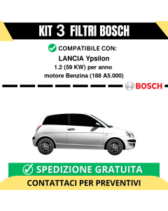 KIT BOSCH 3 Filtri tagliando per LANCIA Ypsilon 1.2 59 kw Benzina 2003-2011