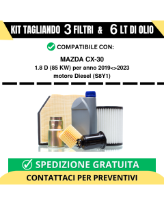 Tagliando per MAZDA CX-30 1.8 D 85 kw - 6 Lt di olio + 3 Filtri anno 2019<>2023