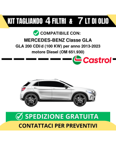 Tagliando per MERCEDES-BENZ Classe GLA GLA 200 CDI/d 100 kw Diesel 2013-2019 - 7 Lt di CASTROL + 4 Filtri