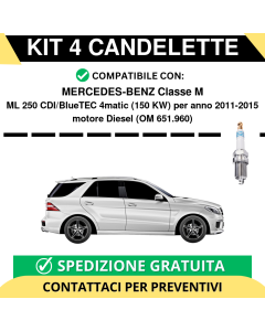 KIT 4 CANDELETTE per MERCEDES-BENZ Classe M ML 250 CDI/BlueTEC 4matic 150 kw anno 2011-2015