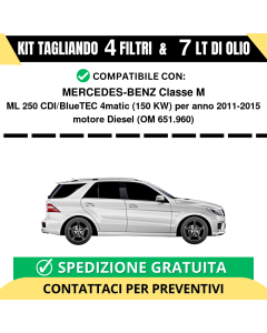 Tagliando per MERCEDES-BENZ Classe M ML 250 CDI/BlueTEC 4matic 150 kw Diesel 2011-2015 - 7 Lt di olio + 4 Filtri