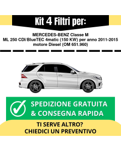 Kit 4 Filtri Tagliando per MERCEDES-BENZ Classe M ML 250 CDI/BlueTEC 4matic 150 kw Diesel 2011-2015