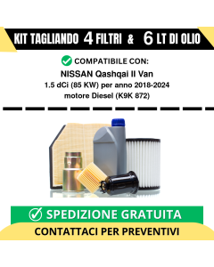 Tagliando per NISSAN Qashqai II Van 1.5 dCi 85 kw - 6 Lt di olio + 4 Filtri anno 2018-2024