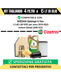 Tagliando per NISSAN Qashqai II Van 1.5 dCi 85 kw Diesel 2018-2024 - 6 Lt di CASTROL + 4 Filtri