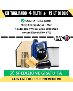 Tagliando per NISSAN Qashqai II Van 1.5 dCi 85 kw - 6 Lt di ELF + 4 Filtri anno 2018-2024