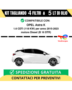 Tagliando per OPEL Astra K 1.6 CDTi 118 kw - 5 Lt di TOTAL + 4 Filtri anno 2015-2023