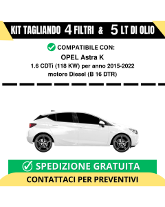 Tagliando per OPEL Astra K 1.6 CDTi 118 kw - 5 Lt di olio + 4 Filtri anno 2015-2022