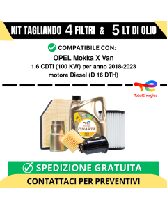 Tagliando per OPEL Mokka X Van 1.6 CDTi 100 kw - 5 Lt di TOTAL + 4 Filtri anno 2018-2023