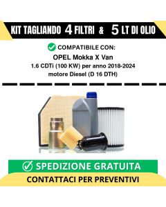 Tagliando per OPEL Mokka X Van 1.6 CDTi 100 kw Diesel 2018-2024 - 5 Lt di olio + 4 Filtri