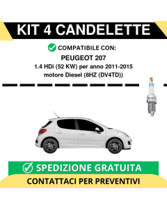 KIT 4 CANDELETTE per PEUGEOT 207 1.4 HDi 52 kw anno 2011-2015