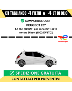 Tagliando per PEUGEOT 207 1.4 HDi 52 kw - 4 Lt di TOTAL + 4 Filtri anno 2011-2015