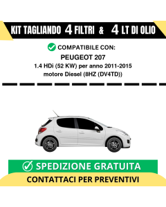 Tagliando per PEUGEOT 207 1.4 HDi 52 kw - 4 Lt di olio + 4 Filtri anno 2011-2015