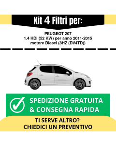 Kit 4 Filtri Tagliando per PEUGEOT 207 1.4 HDi 52 kw Diesel 2011-2015