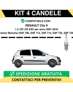 KIT 4 CANDELE per RENAULT Clio II 1.2 16V 55 kw anno 2001-2016