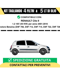 Tagliando per RENAULT Clio II 1.2 16V 55 kw Benzina 2001-2016 - 5 Lt di olio + 4 Filtri