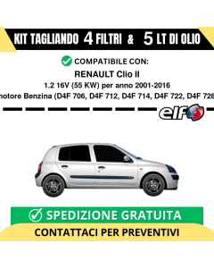Tagliando per RENAULT Clio II 1.2 16V 55 kw - 5 Lt di ELF + 4 Filtri anno 2001-2016