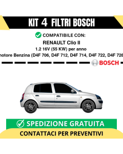 KIT BOSCH 4 Filtri tagliando per RENAULT Clio II 1.2 16V 55 kw Benzina 2001-2016