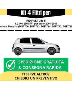 Kit 4 Filtri Tagliando per RENAULT Clio II 1.2 16V 55 kw Benzina 2001-2016