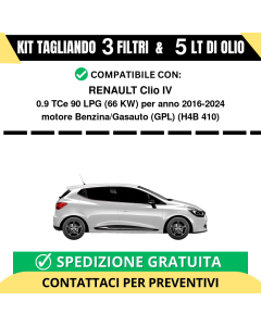 Tagliando per RENAULT Clio IV 0.9 TCe 90 LPG 66 kw Benzina/Gasauto (GPL) 2016-2021 - 5 Lt di olio + 3 Filtri