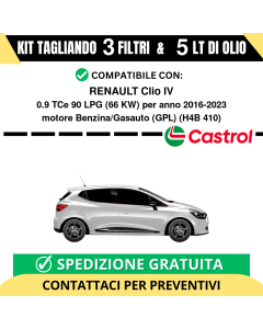 Tagliando per RENAULT Clio IV 0.9 TCe 90 LPG 66 kw Benzina/Gasauto (GPL) 2016-2024 - 5 Lt di CASTROL + 3 Filtri