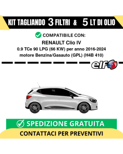 Tagliando per RENAULT Clio IV 0.9 TCe 90 LPG 66 kw - 5 Lt di ELF + 3 Filtri anno 2016-2024