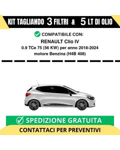 Tagliando per RENAULT Clio IV 0.9 TCe 75 56 kw Benzina 2018-2021 - 5 Lt di olio + 3 Filtri