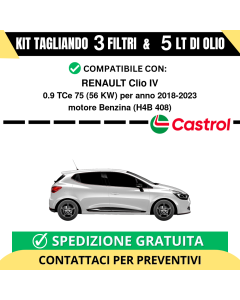 Tagliando per RENAULT Clio IV 0.9 TCe 75 56 kw Benzina 2018-2024 - 5 Lt di CASTROL + 3 Filtri