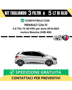 Tagliando per RENAULT Clio IV 0.9 TCe 75 56 kw - 5 Lt di ELF + 3 Filtri anno 2018-2024