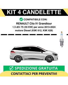 KIT 4 CANDELETTE per RENAULT Clio IV Grandtour 1.5 dCi 75 55 kw anno 2013-2024