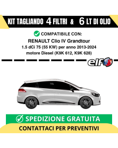 Tagliando per RENAULT Clio IV Grandtour 1.5 dCi 75 55 kw - 6 Lt di ELF + 4 Filtri anno 2013-2024