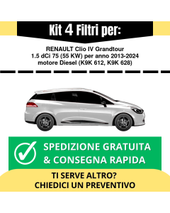 Kit 4 Filtri Tagliando per RENAULT Clio IV Grandtour 1.5 dCi 75 55 kw Diesel 2013-2024
