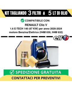 Tagliando per RENAULT Clio V 1.6 E-TECH 140 67 kw - 5 Lt di ELF + 3 Filtri anno 2020-2024