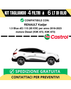 Tagliando per RENAULT Kadjar 1.5 Blue dCi 115 85 kw Diesel 2018-2024 - 6 Lt di CASTROL + 4 Filtri