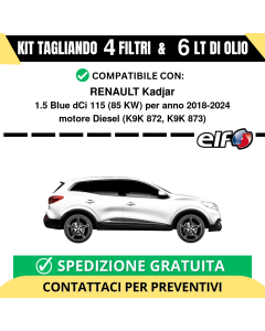 Tagliando per RENAULT Kadjar 1.5 Blue dCi 115 85 kw - 6 Lt di ELF + 4 Filtri anno 2018-2024