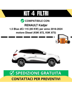 Kit 4 Filtri Tagliando per RENAULT Kadjar 1.5 Blue dCi 115 85 kw Diesel 2018-2024
