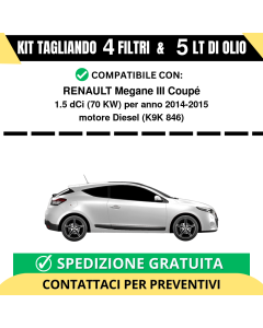 Tagliando per RENAULT Megane III Coupé 1.5 dCi 70 kw Diesel 2014-2015 - 5 Lt di olio + 4 Filtri