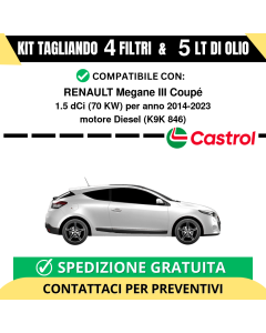 Tagliando per RENAULT Megane III Coupé 1.5 dCi 70 kw Diesel 2014-2015 - 5 Lt di CASTROL + 4 Filtri