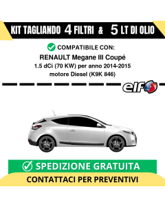 Tagliando per RENAULT Megane III Coupé 1.5 dCi 70 kw - 5 Lt di ELF + 4 Filtri anno 2014-2015