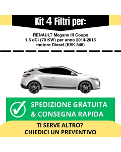 Kit 4 Filtri Tagliando per RENAULT Megane III Coupé 1.5 dCi 70 kw Diesel 2014-2015