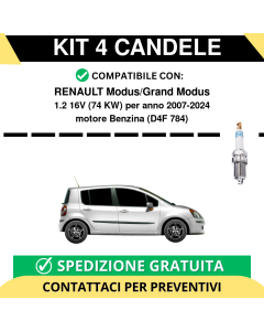 KIT 4 CANDELE per RENAULT Modus/Grand Modus 1.2 16V 74 kw anno 2007-2024