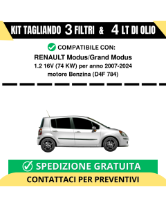 Tagliando per RENAULT Modus/Grand Modus 1.2 16V 74 kw - 4 Lt di olio + 3 Filtri anno 2007-2024