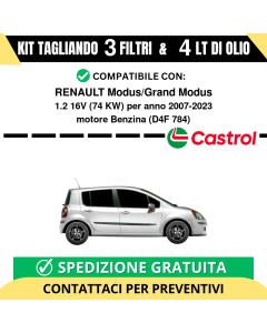 Tagliando per RENAULT Modus/Grand Modus 1.2 16V 74 kw Benzina 2007-2024 - 4 Lt di CASTROL + 3 Filtri