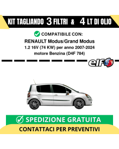 Tagliando per RENAULT Modus/Grand Modus 1.2 16V 74 kw - 4 Lt di ELF + 3 Filtri anno 2007-2024