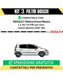 KIT BOSCH 3 Filtri tagliando per RENAULT Modus/Grand Modus 1.2 16V 74 kw Benzina 2007-2024