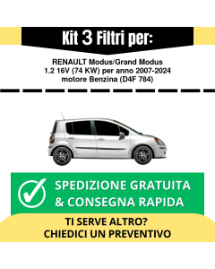Kit 3 Filtri Tagliando per RENAULT Modus/Grand Modus 1.2 16V 74 kw Benzina 2007-2024