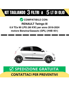 Tagliando per RENAULT Twingo III 0.9 TCe 90 LPG 66 kw Benzina/Gasauto (GPL) 2018-2024 - 5 Lt di olio + 3 Filtri